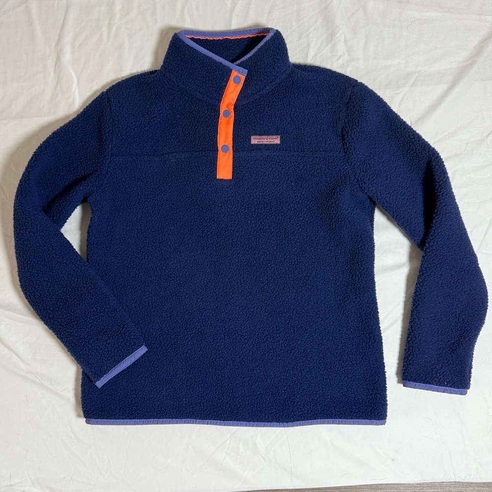 Vineyard Vines Kids SherpaPullover Quarter Snap Henley Blue & Orange - 14  New